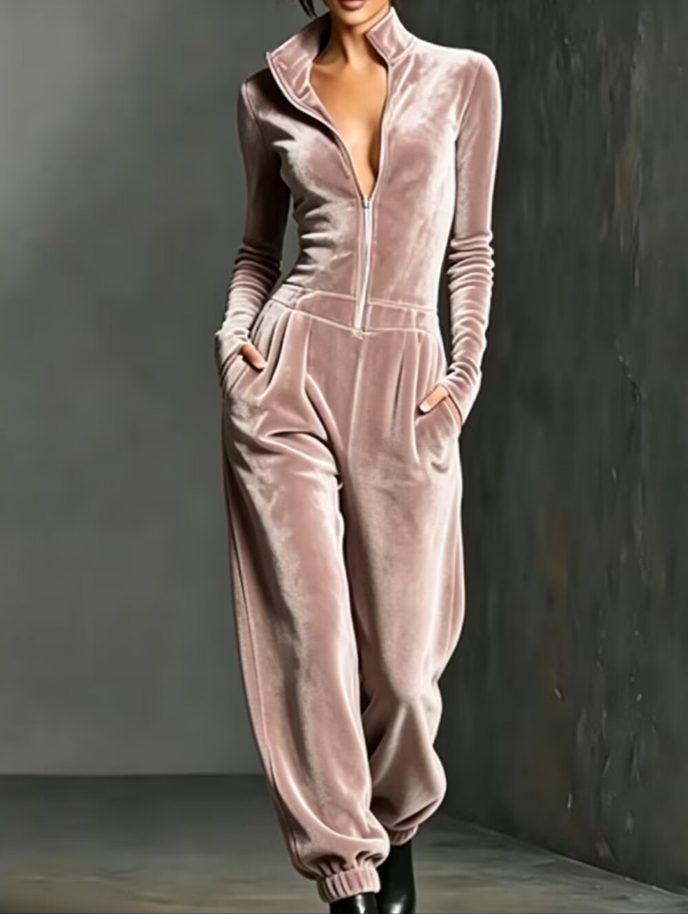 Pink Velvet Zip-Front Jumpsuit